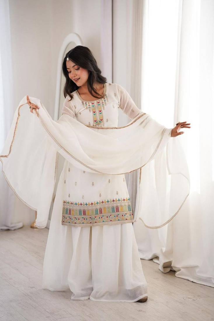 White sharara set with multi-color accents