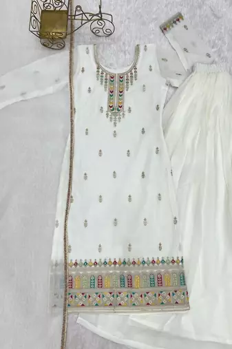 White sharara set with multi-color accents