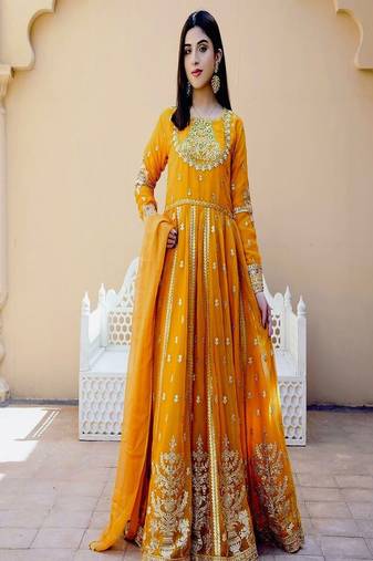 Mustard full-length gown with embroidery work
