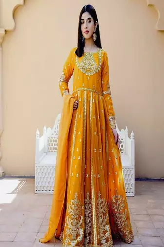 Mustard full-length gown with embroidery work