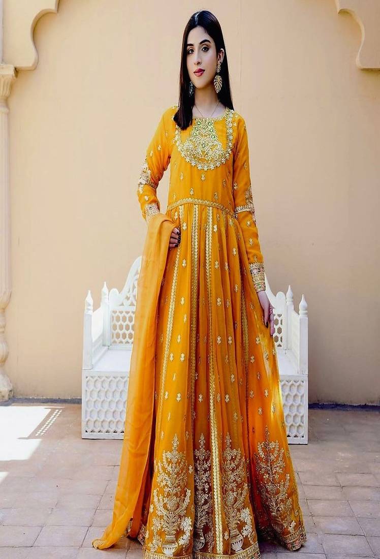 Mustard full-length gown with embroidery work