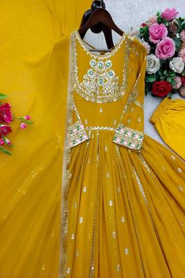 Mustard full-length gown with embroidery work 2