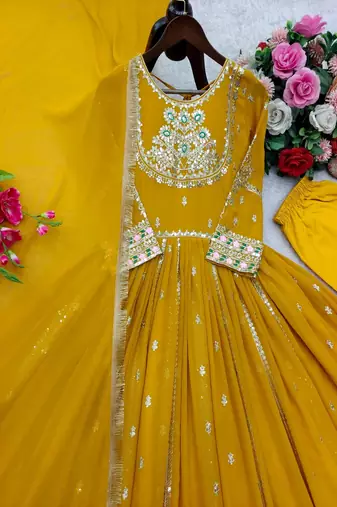 Mustard full-length gown with embroidery work