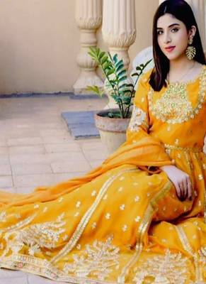 Mustard full-length gown with embroidery work 3