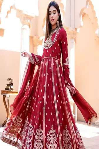 Dark maroon full-length gown with embroidery work