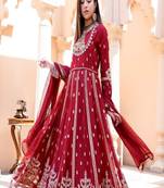 Dark maroon full-length gown with embroidery work