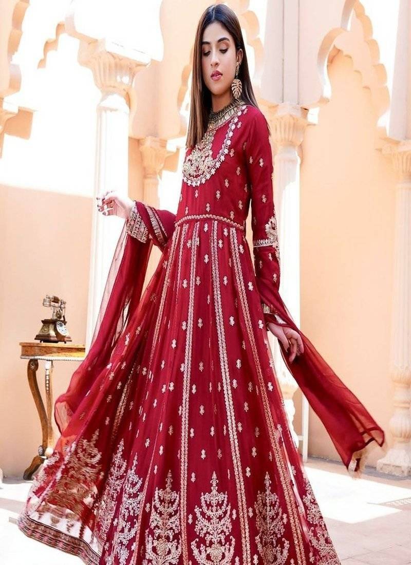 Dark maroon full-length gown with embroidery work