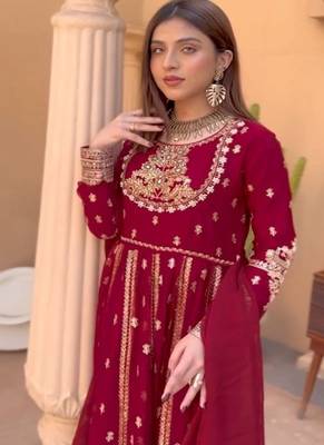 Dark maroon full-length gown with embroidery work 2