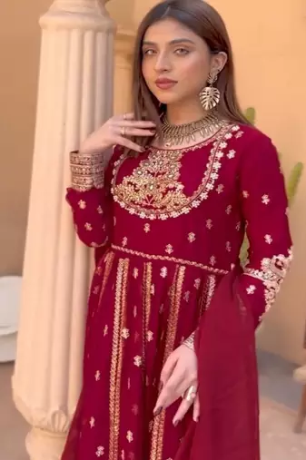 Dark maroon full-length gown with embroidery work