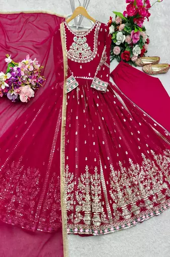 Dark maroon full-length gown with embroidery work