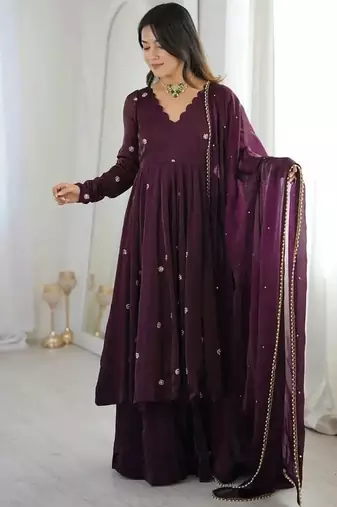 Deep wine anarkali gown with moti and sequins work