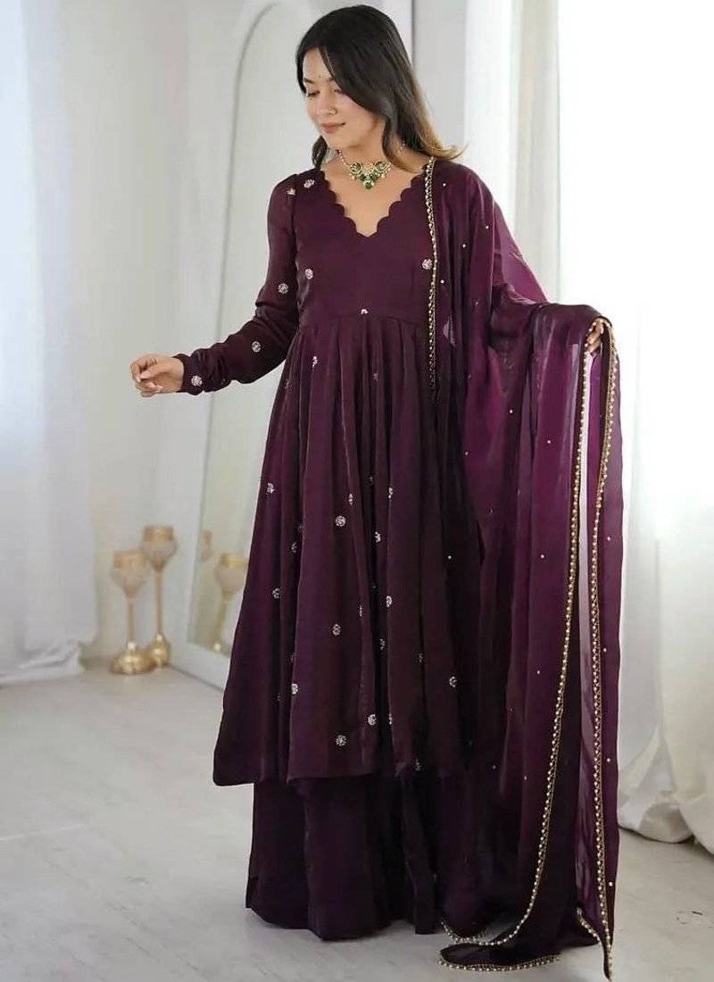 Deep wine anarkali gown with moti and sequins work