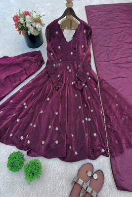 Deep wine anarkali gown with moti and sequins work 3