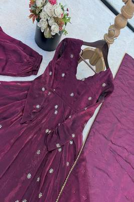 Deep wine anarkali gown with moti and sequins work 4