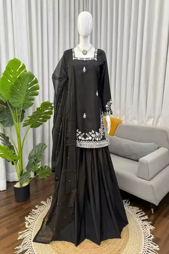 Black palazzo suit with white threadwork