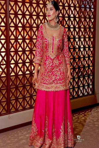 Rani pink sequins and embroidery sharara set.