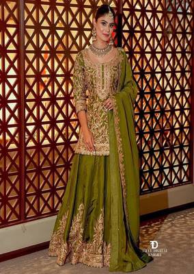 Olive sequins and embroidery sharara set. 1