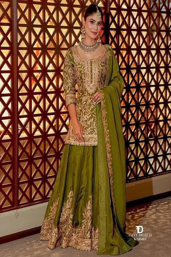 Olive sequins and embroidery sharara set.