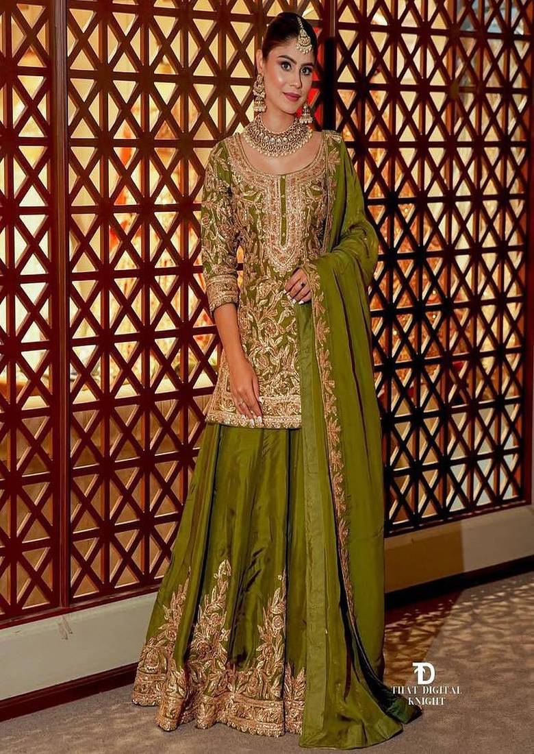 Olive sequins and embroidery sharara set.