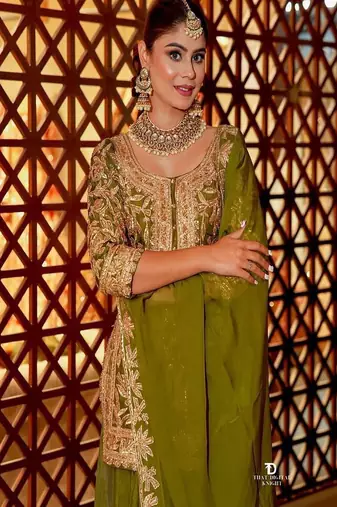 Olive sequins and embroidery sharara set.