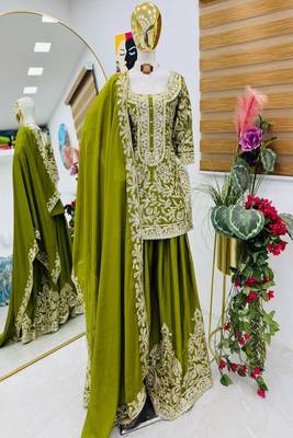 Olive sequins and embroidery sharara set. 3