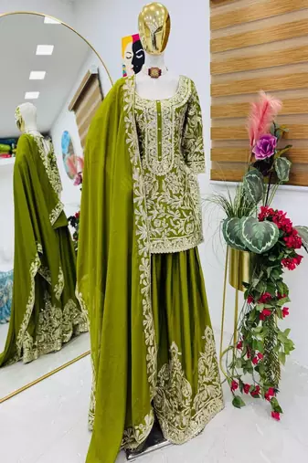Olive sequins and embroidery sharara set.