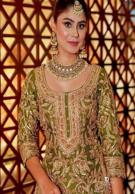 Olive sequins and embroidery sharara set. 4
