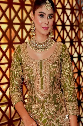 Olive sequins and embroidery sharara set.