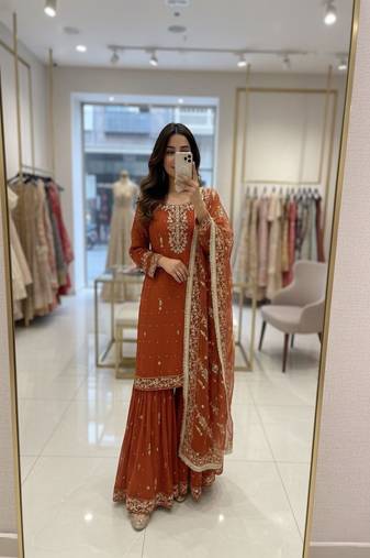 Dark orange silk-blend sharara set