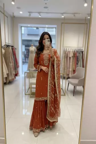 Dark orange silk-blend sharara set