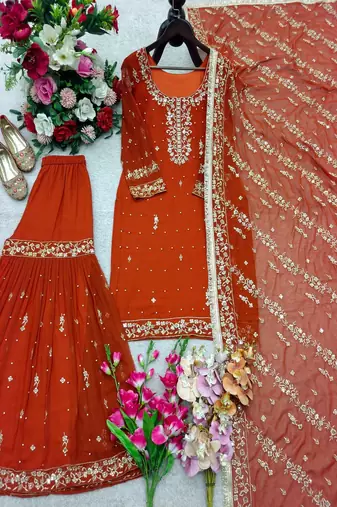 Dark orange silk-blend sharara set