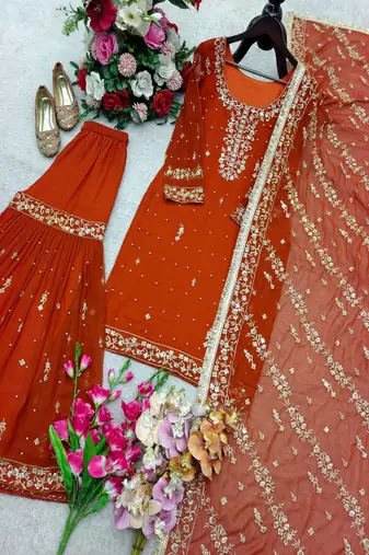 Dark orange silk-blend sharara set
