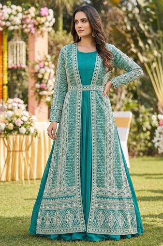 Teal blue embroidered long jacket set