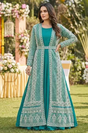 Teal blue embroidered long jacket set