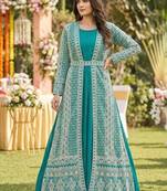 Teal blue embroidered long jacket set