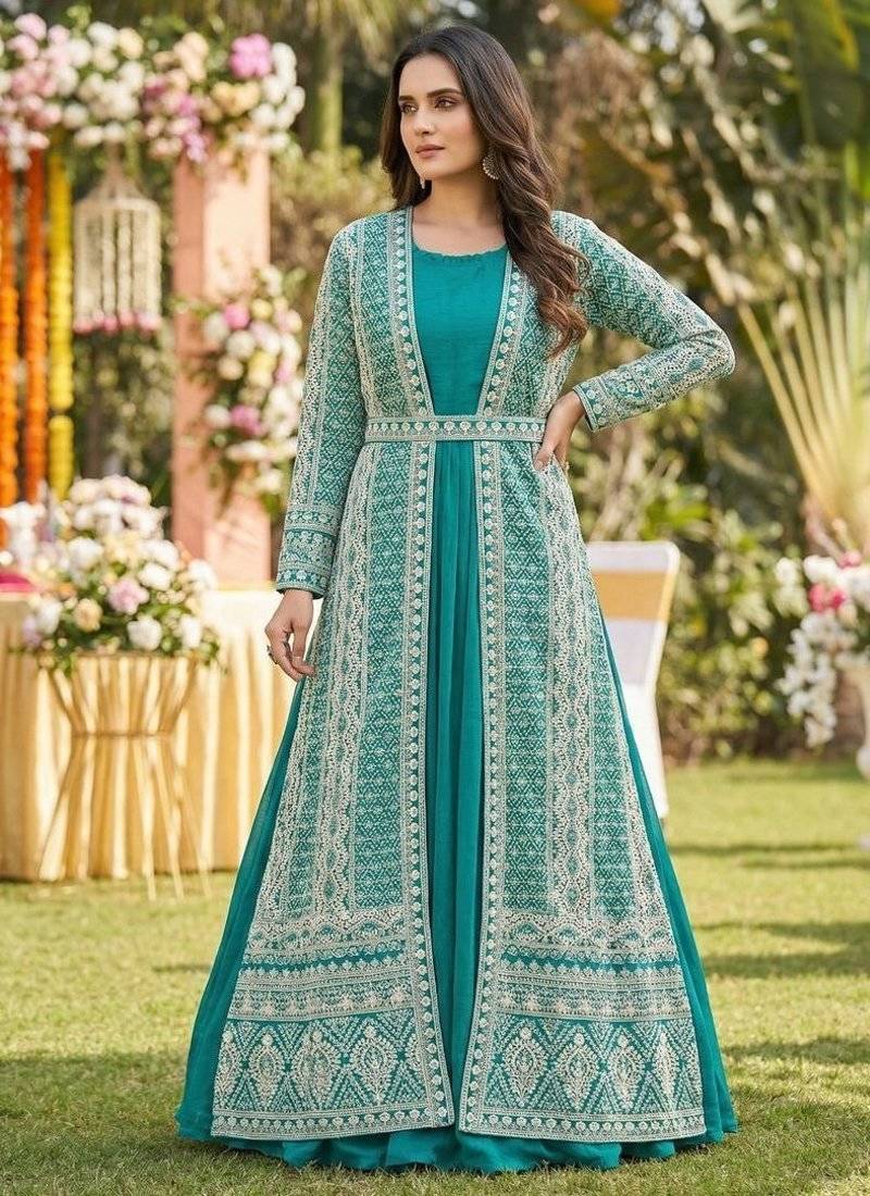 Teal blue embroidered long jacket set