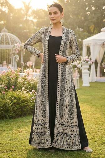 Black embroidered long jacket set