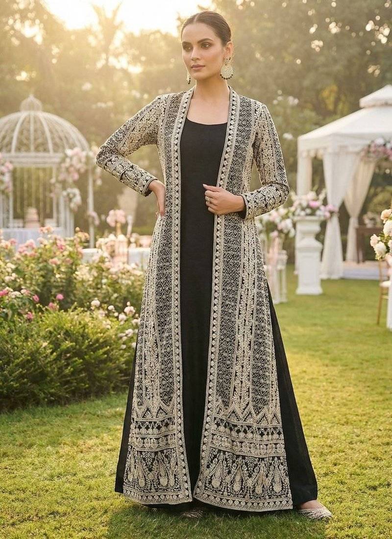 Black embroidered long jacket set