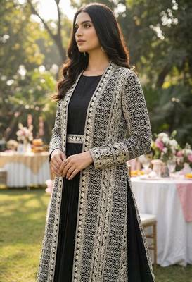 black embroidered jacket style gown set 2