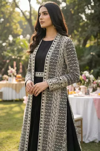 black embroidered jacket style gown set