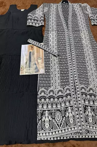 black embroidered jacket style gown set