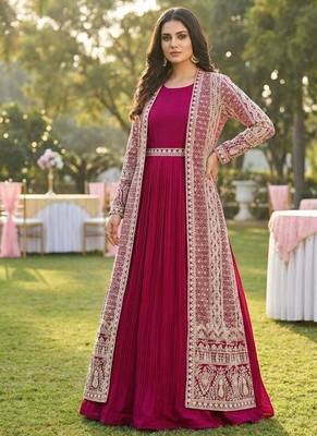 rani pink embroidered jacket style gown set 1