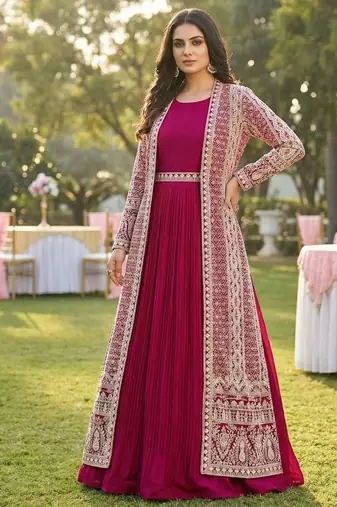 Rani pink embroidered long jacket set