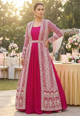 rani pink embroidered jacket style gown set 2