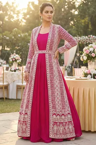 rani pink embroidered jacket style gown set