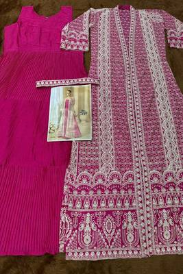 rani pink embroidered jacket style gown set 3
