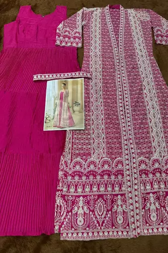 rani pink embroidered jacket style gown set