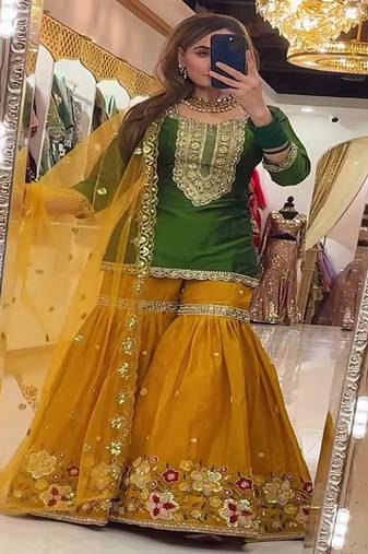 Dark green & mustard yellow sharara set