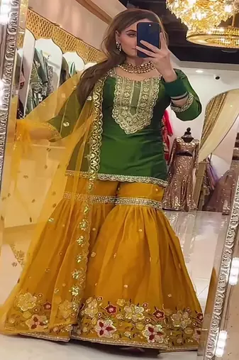 Dark green & mustard yellow sharara set