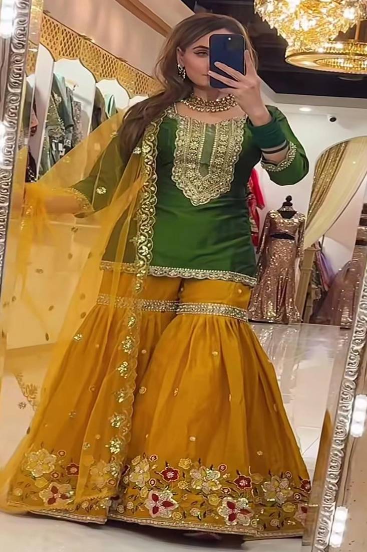 Dark green & mustard yellow sharara set